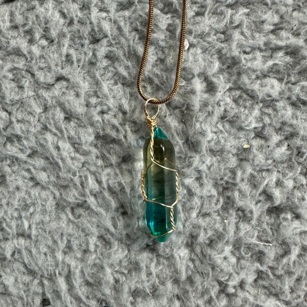 Hipster Blue & Green Crystal Gold Toned Wire Wrapped Pendant
